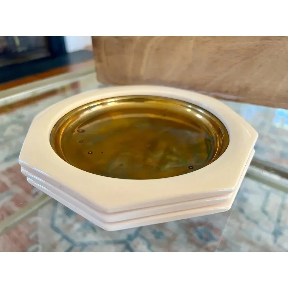 Vintage Made in Italy Brass Plates with Cream Octagon Frame, Set Of 3, MCM